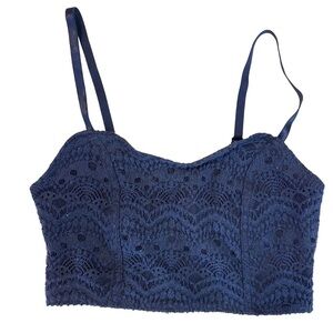 Navy Blue Lace Crop Top with Scalloped Design